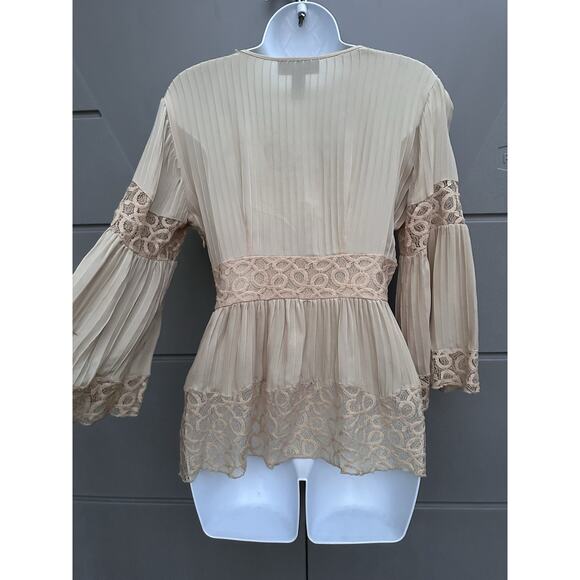 Y2K INC Silk Babydoll Blouse Pleated Bell Sleeves Lace Trim Coquette Romantic 2 - Picture 6 of 9